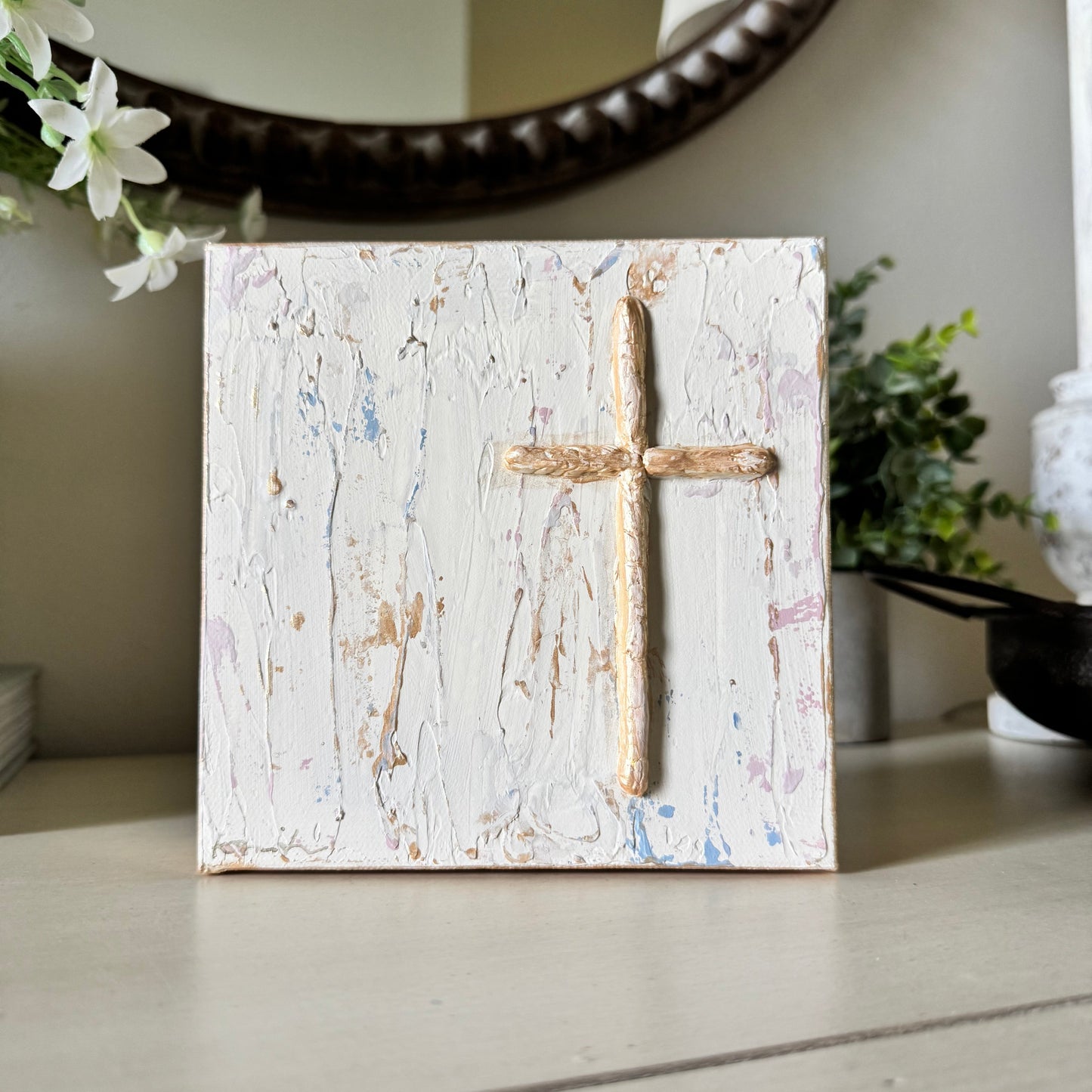 Timeless cross artwork  on canvas using acrylic paint and textured layers