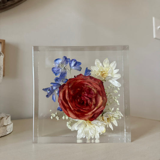 Square 6x6 resin block with preserved bridal bouquet flowers