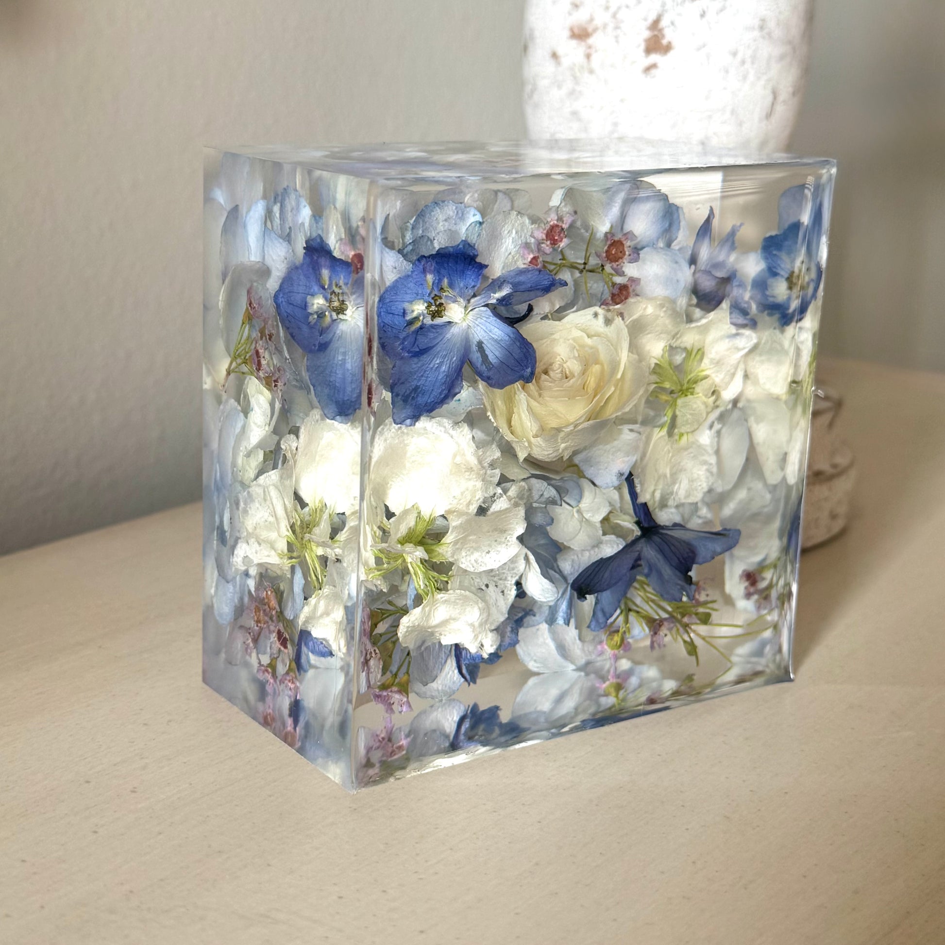 Small 4x4 resin block with preserved wedding bouquet flowers blue hydrangea, delphinium, small white roses