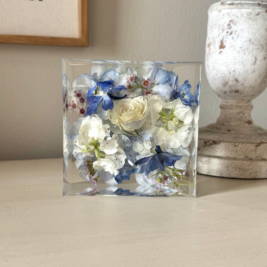 Small 4x4 resin block with preserved wedding bouquet flowers