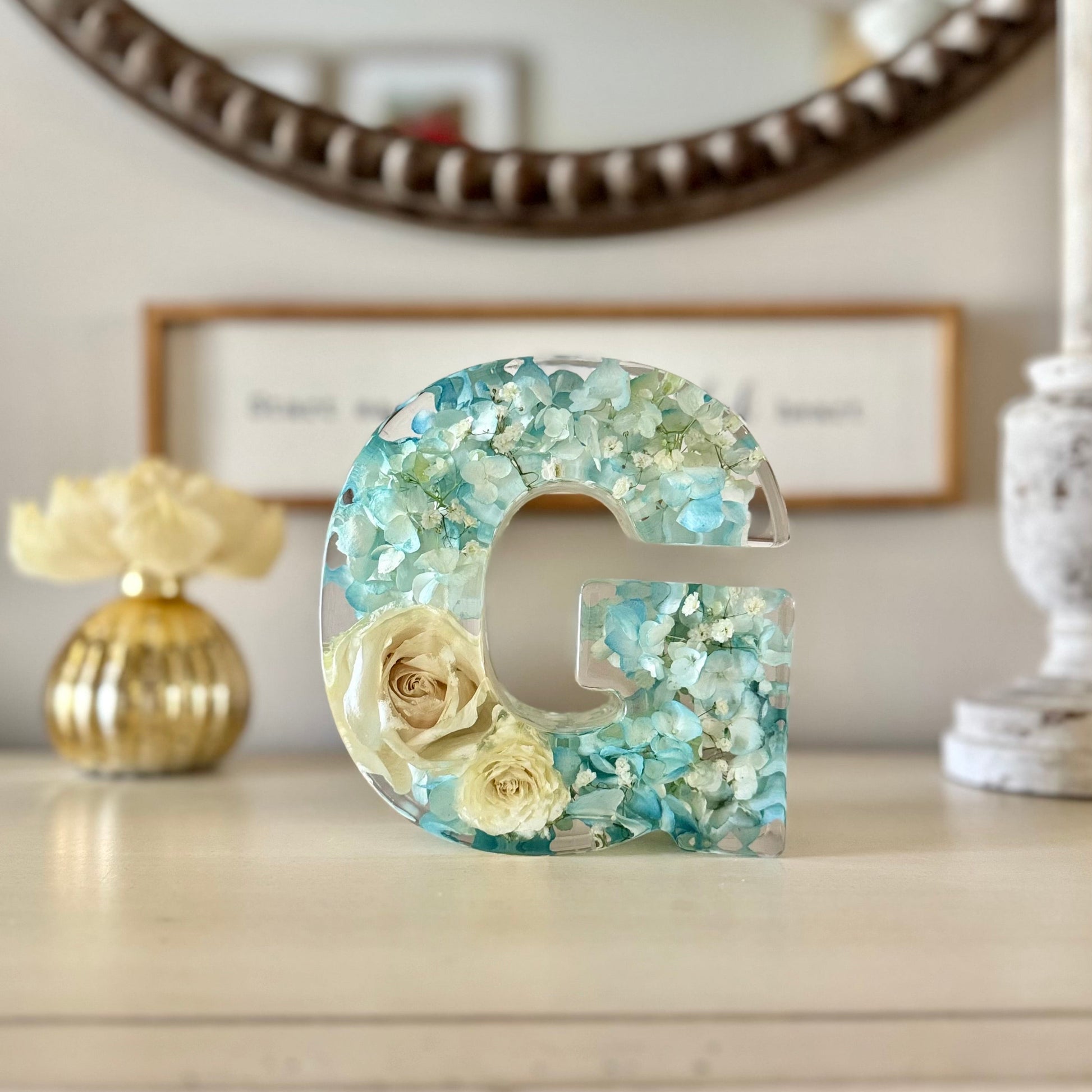 Floral resin letter by The Blossom Grove featuring real preserved flowers from baby shower